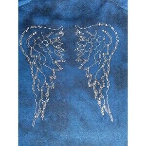 Y2K Angelcore Thermal Top Women‎ Size L Blue Tie Dye Rhinestone Wings Festival